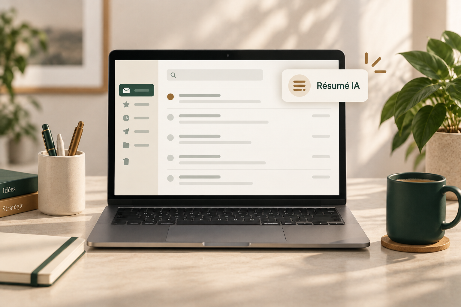 Couverture : ordinateur portable ouvert sur un bureau chaleureux, avec une bulle de notification "Résumé IA", entouré d'une tasse verte, de plantes et de carnets